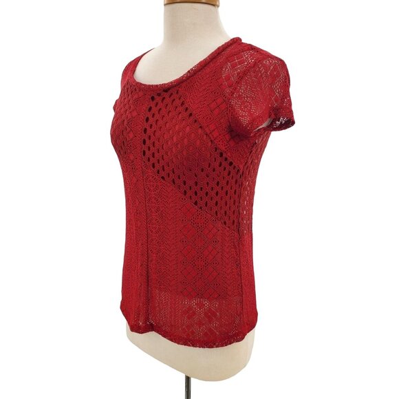 INC Shirt Lace Red Crochet Openwork Mesh Cutout Top Attached Cami Undershirt PS - Picture 5 of 7